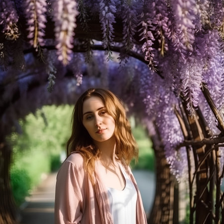 Portrait of a beautiful young woman in a wisteria tunnelの素材