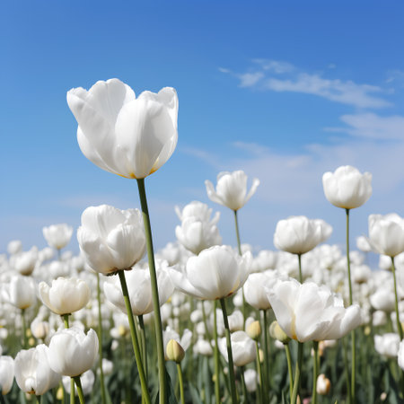 White tulips on a background of blue sky and white clouds.の素材