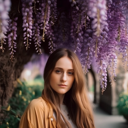 Portrait of a beautiful young woman in wisteria flowers.の素材