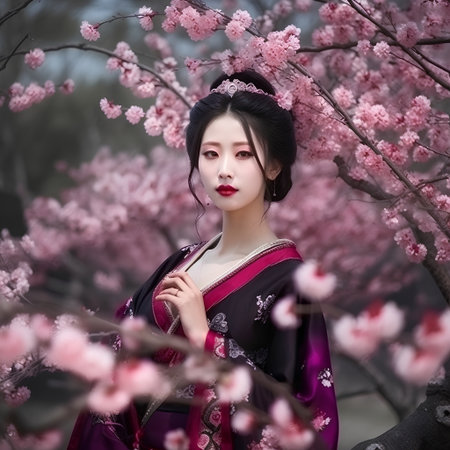 Beautiful asian woman in kimono with cherry blossomの素材