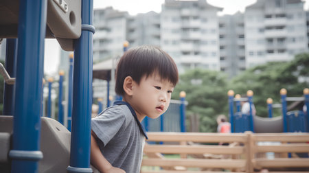 Cute asian boy playing on the playground at outdoor park.の素材