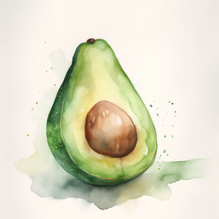 Watercolor illustration of avocado. Hand drawn watercolor illustration on white background.の素材
