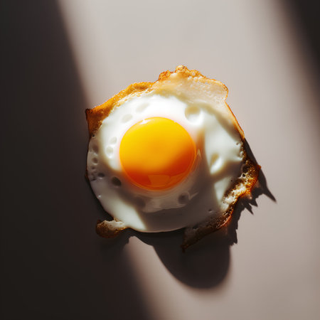 Fried egg in a toasted bread on a light background.の素材