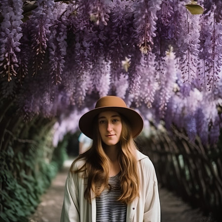 View of a beautiful girl in a white coat and hat in a wisteria flower garden.の素材