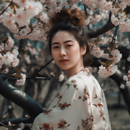 Beautiful asian woman in traditional japanese kimono with cherry blossomの素材