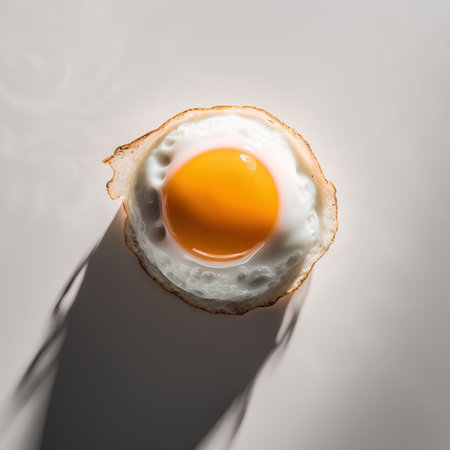 Fried egg with shadow on a light background, top view.の素材