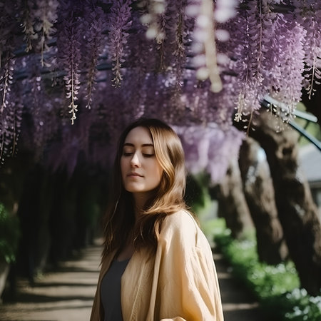 Beautiful young woman walking in wisteria flower garden, spring timeの素材