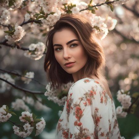 Portrait of beautiful young woman in blooming garden. Spring time.の素材