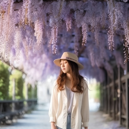 Beautiful asian woman wearing hat and walking in wisteria tunnelの素材