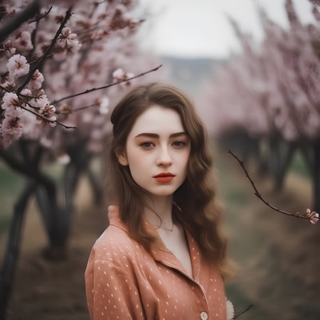 Portrait of a beautiful girl in a peach blossom garden.の素材