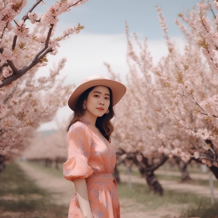Beautiful asian woman in pink dress and hat in peach gardenの素材