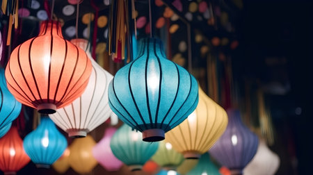 Colorful paper lanterns in the night market, Chiang Mai, Thailandの素材