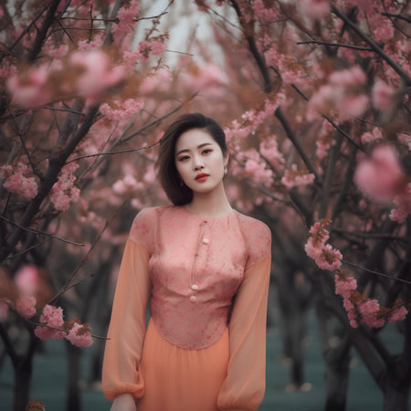 Portrait of a beautiful Vietnamese girl in a peach blossom gardenの素材