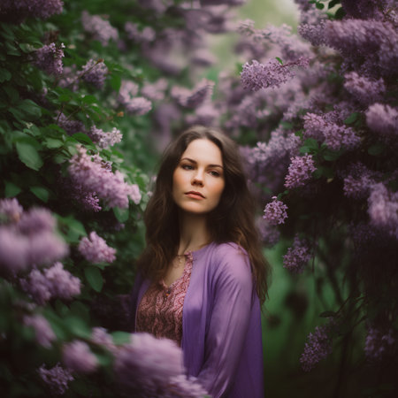 Portrait of a young beautiful brunette woman in lilac flowersの素材