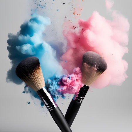 Makeup brushes with colorful powder explosion on grey background. Make up conceptの素材