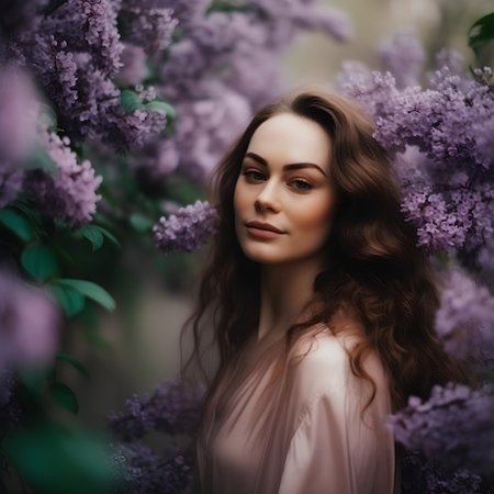 Portrait of a beautiful young woman with lilac flowers. Beauty, fashion.の素材