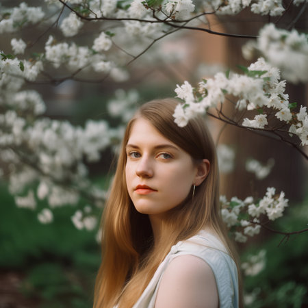 Portrait of a beautiful young girl in a blooming spring gardenの素材