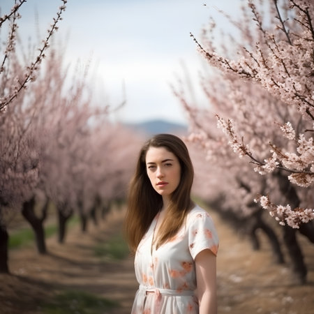 Beautiful young woman in blooming peach garden on a spring dayの素材
