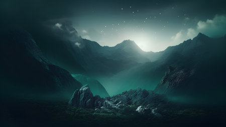 Fantasy alien planet. Mountain and sky. 3D illustration.の素材
