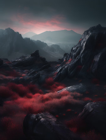 Fantasy landscape with red flowers in the mountains. 3d renderの素材
