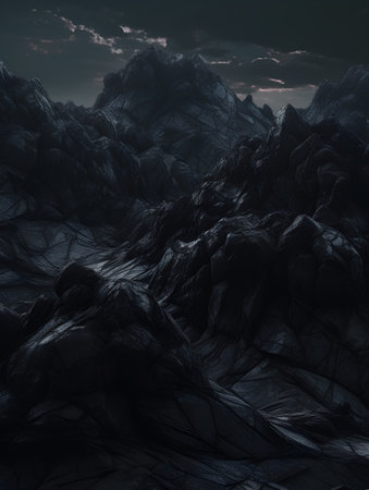 abstract scene with black rocks and dark sky - 3d illustrationの素材
