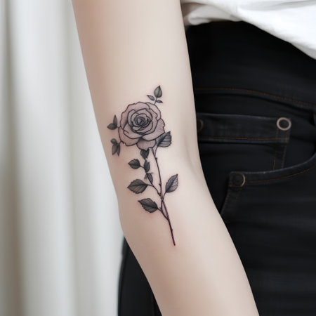 Female hand with floral tattoo on arm, closeup. Tattooing conceptの素材