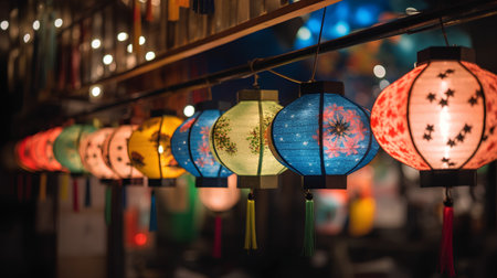Colorful Chinese paper lanterns in the night market of Beijing, Chinaの素材