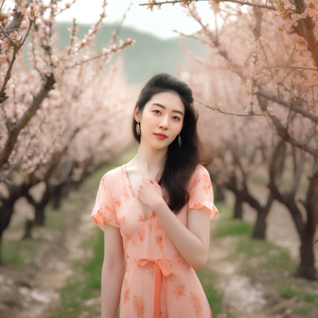 Beautiful asian woman in peach blossom garden, vintage styleの素材