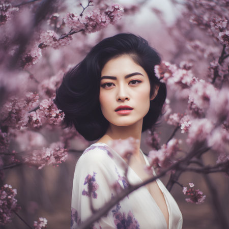 Beautiful asian woman in blooming peach garden, spring portraitの素材