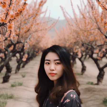 Portrait of a beautiful asian girl in blooming peach gardenの素材