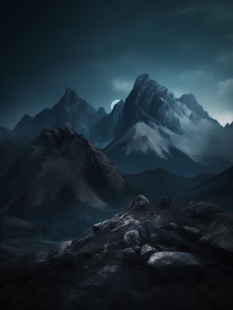 Fantasy landscape with mountains at night. 3d render illustration.の素材