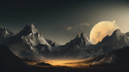 Fantasy alien planet. Mountain and moon. 3D illustration.の素材