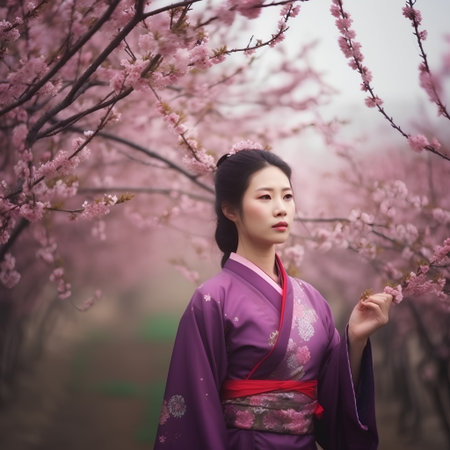 Beautiful asian woman in kimono and cherry blossomの素材