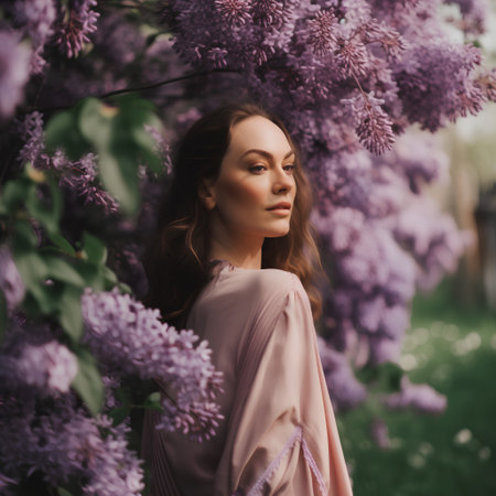 Portrait of a beautiful young woman in a lilac garden.の素材