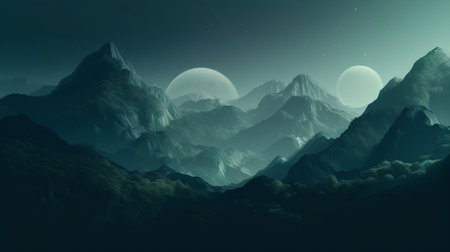 Fantasy alien planet. Mountain and moon. 3D illustration.の素材