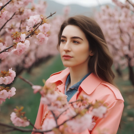 Portrait of a beautiful young woman in a pink coat against the background of blooming cherry trees.の素材