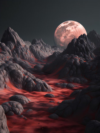 Fantasy alien planet. Mountain and moon. 3D illustration.の素材
