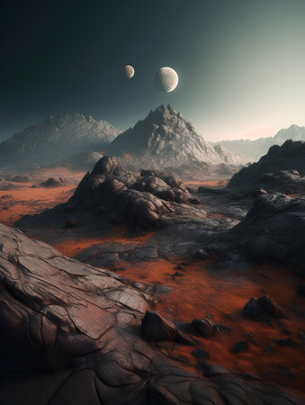 Alien Planet - 3D Rendered Computer Artwork. Rocks and Moonの素材