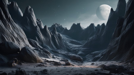 Fantasy alien planet. Mountain and moon. 3D illustration.の素材