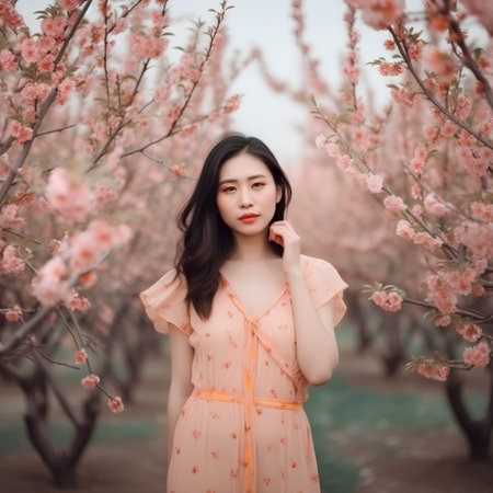 Asian woman in peach blossom garden, vintage color tone and soft focusの素材