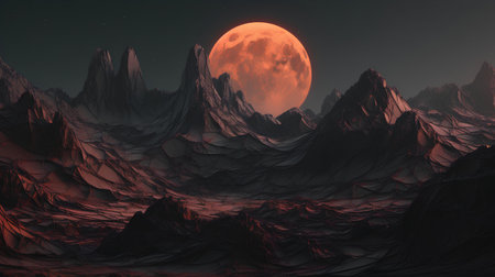 Fantasy alien planet. Mountain and red moon. 3D illustrationの素材