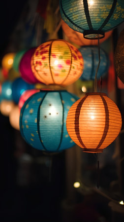 Colorful paper lanterns at night market in Hoi An, Vietnamの素材
