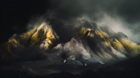 Fantasy landscape with mountains and fog. 3d render illustration.の素材