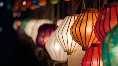 Colorful paper lanterns in the night market, close-upの素材