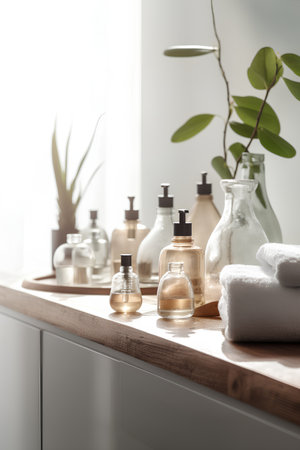 Spa composition with bottles of oil and towels on countertop in bathroomの素材