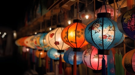 Colorful paper lanterns in the night market, Chiang Mai, Thailandの素材