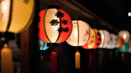 Colorful paper lanterns in the night market of Kyoto, Japanの素材