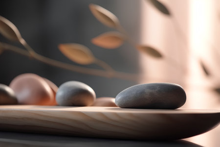 Spa still life with stones on wooden plate. Selective focus.の素材