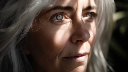 Portrait of a beautiful senior woman with long blond hair, close upの素材