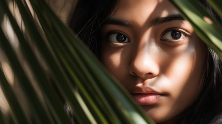 Beautiful young asian woman looking at camera through palm leaf.の素材